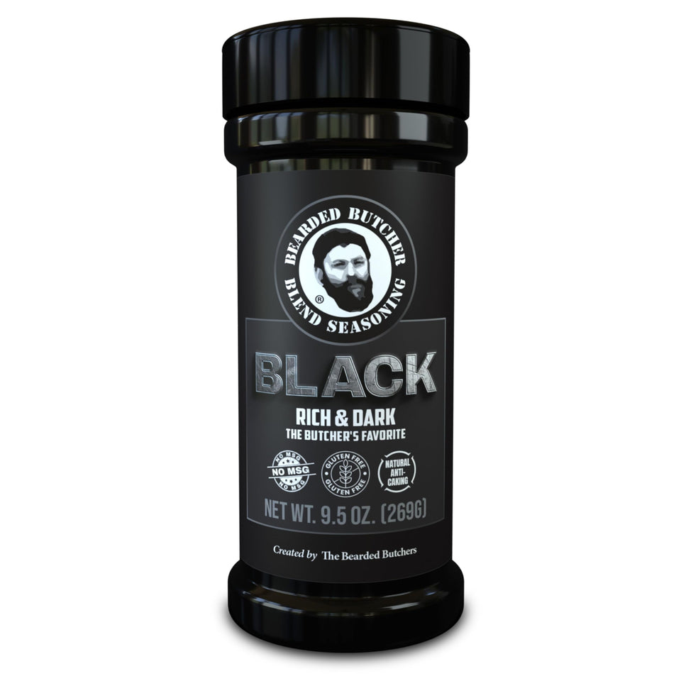Bearded Butcher Black Blend bottle shows coffee and molasses depth for beef