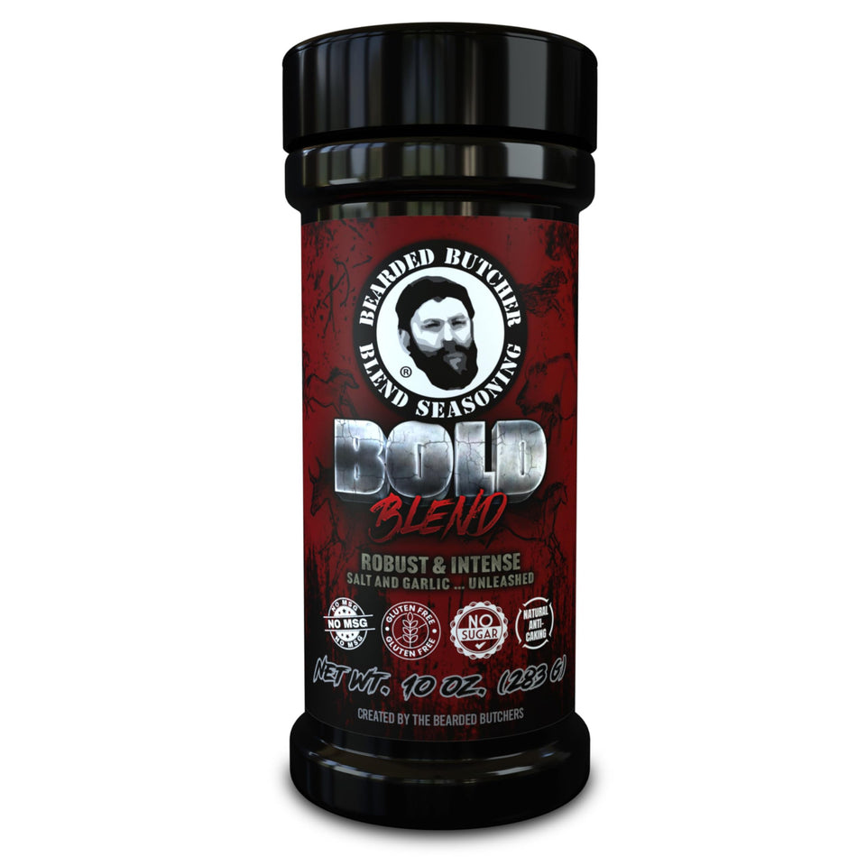 Bearded Butcher Bold Blend bottle front showing bold flavor for steaks
