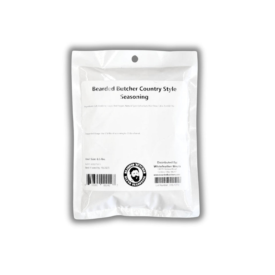 Bearded Butchers Country Style Seasoning bottle front view for classic breakfast sausage flavor.