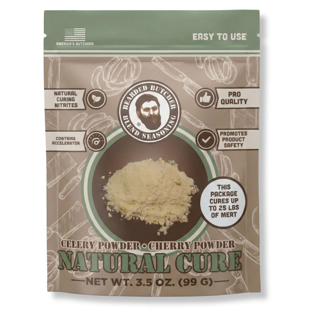 Bearded Butchers Natural Cure jar label showing celery and cherry powders for natural curing