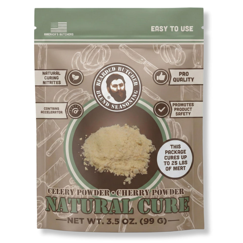 Bearded Butchers Natural Cure jar label showing celery and cherry powders for natural curing