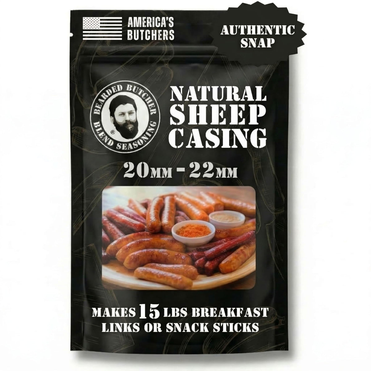Bearded Butcher natural sheep casings packaging, ready for use and freshness.