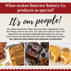Beatrice Bakery Co. Original Fruitcake with a glass suggesting celebratory pairings.