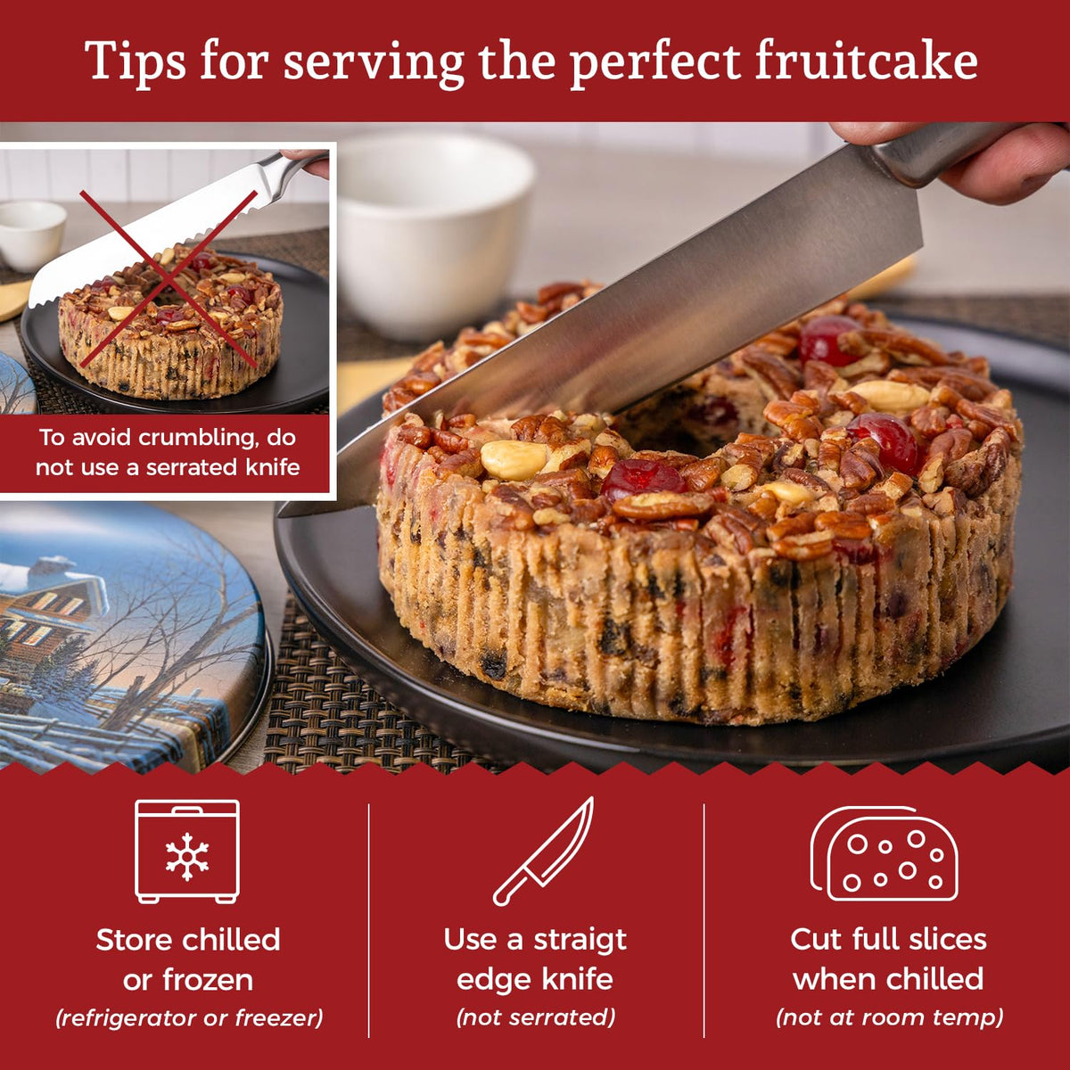 Beatrice Bakery Co. Original Fruitcake ingredients closeup with cherries and candied pineapple.