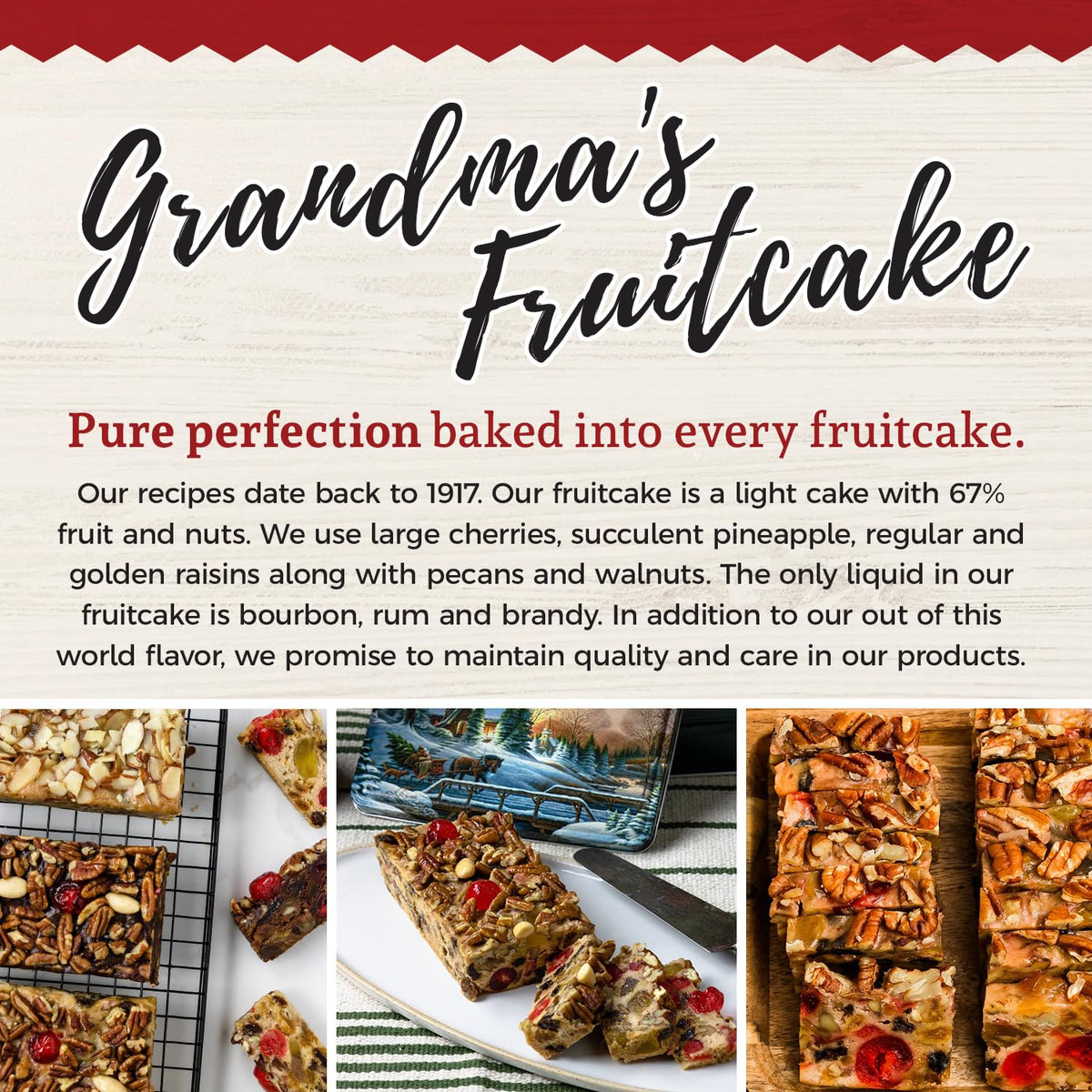 Beatrice Bakery Co. Original Fruitcake walnuts and pecans detail for texture.