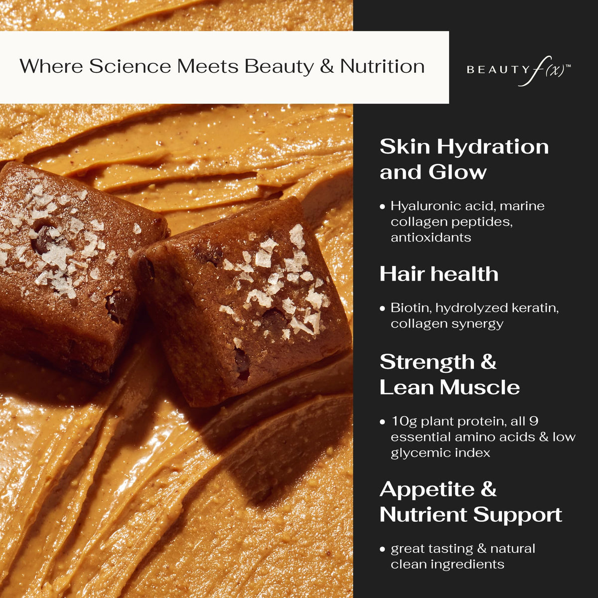 Beauty f(x) Protein Beauty Bites brownie texture closeup—indulgent flavor with protein.
