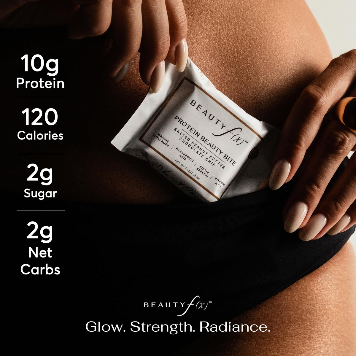 Beauty f(x) Protein Beauty Bites chocolate chip closeup—rich dessert-like treat.