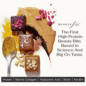 Beauty f(x) Protein Beauty Bites reishi and sacha inchi closeup—plant-based protein mix.