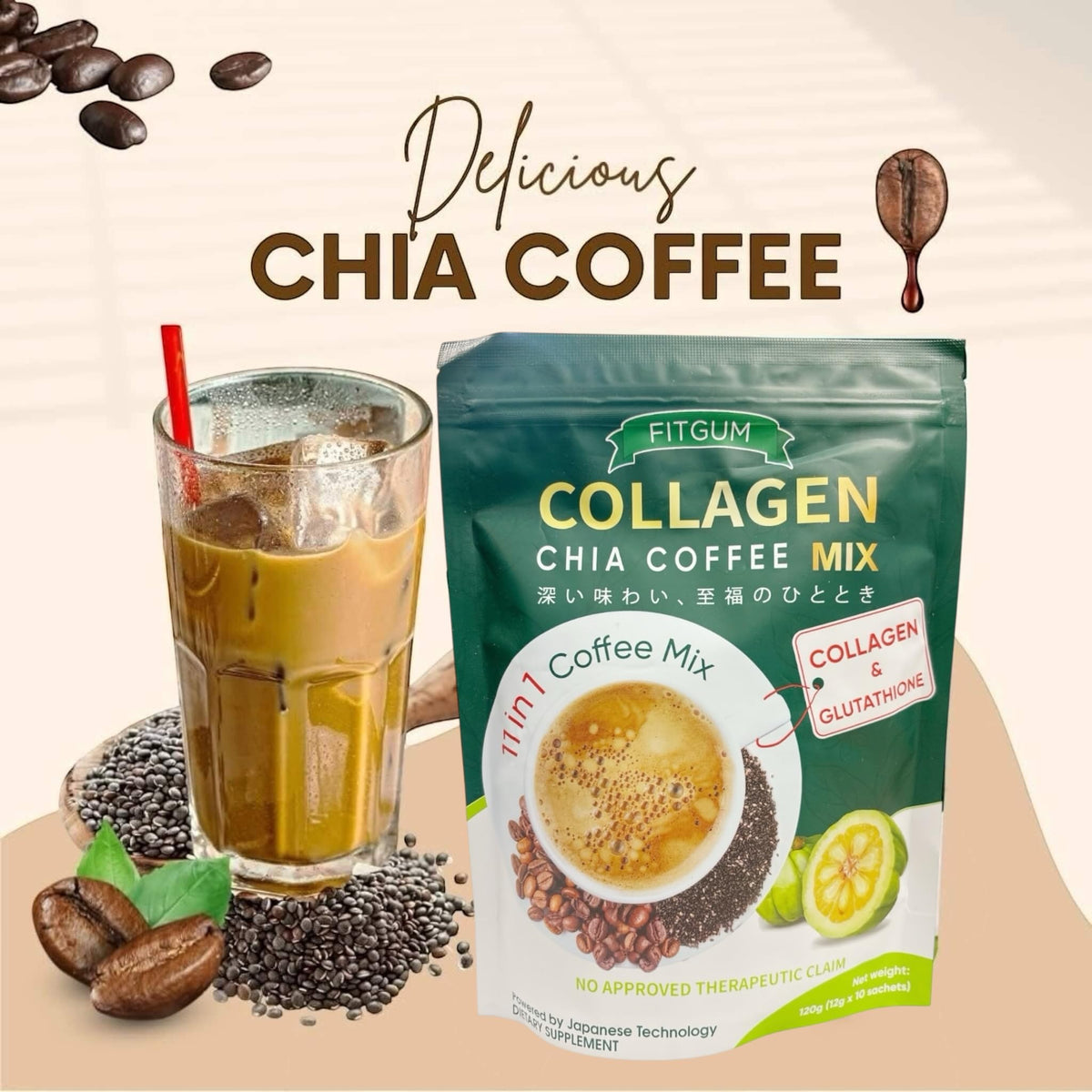 Beauty Milk FIT GUM 20X Collagen Chia Coffee sachet offers a convenient 12g serving for energy