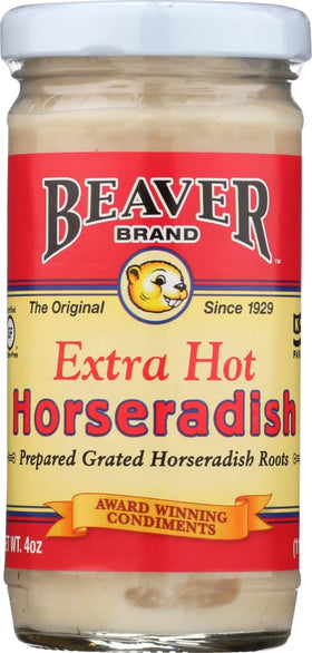 Beaver Horseradish Xhot bottle highlights bold heat for meats.