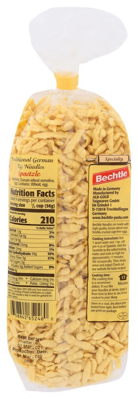 Bechtle Spaetzle in a kasespaetzle style dish with melted cheese.