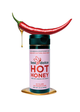 Bee Dolce Hot Honey bottle provides premium drizzle for bold flavor.