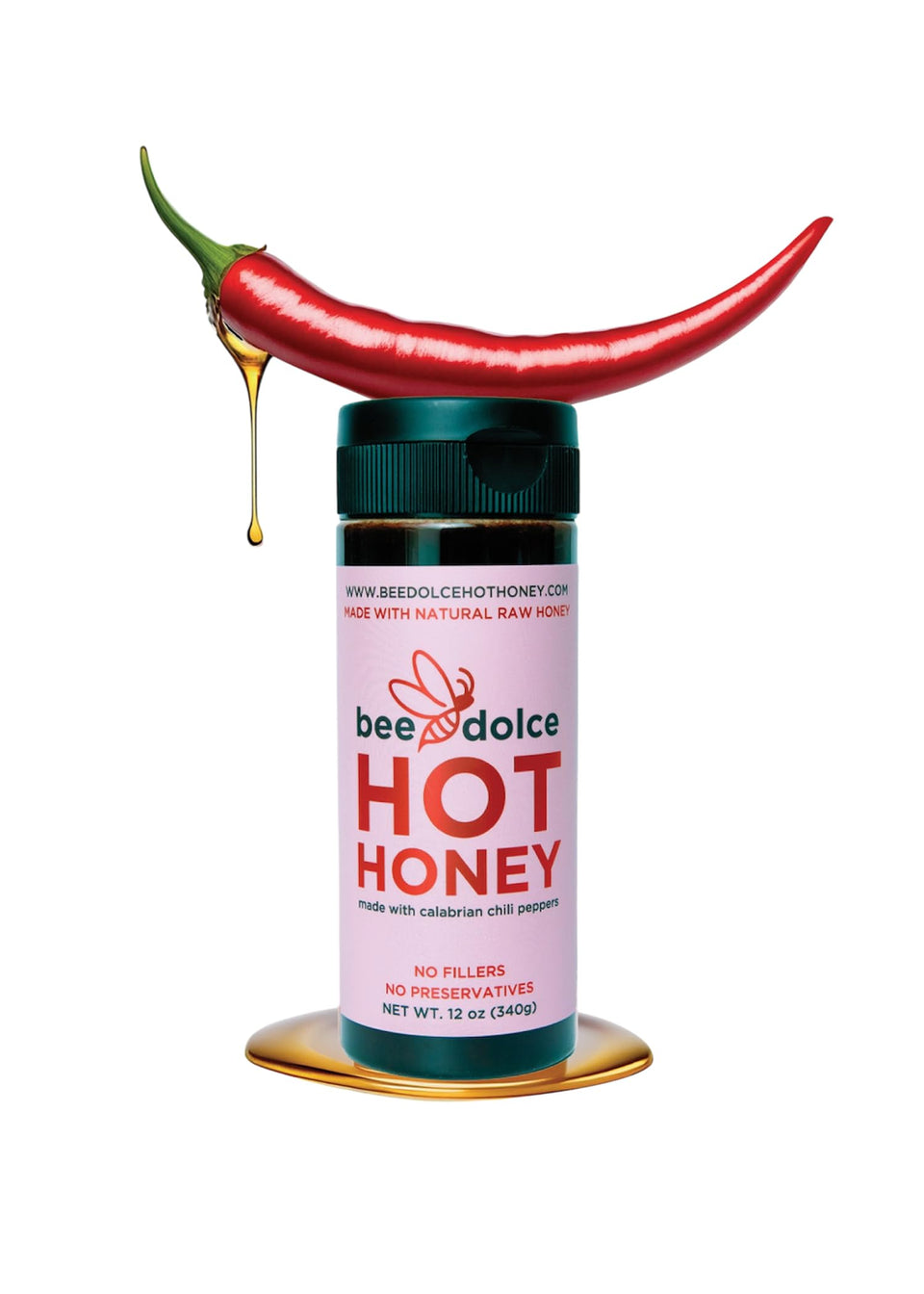 Bee Dolce Hot Honey bottle provides premium drizzle for bold flavor.