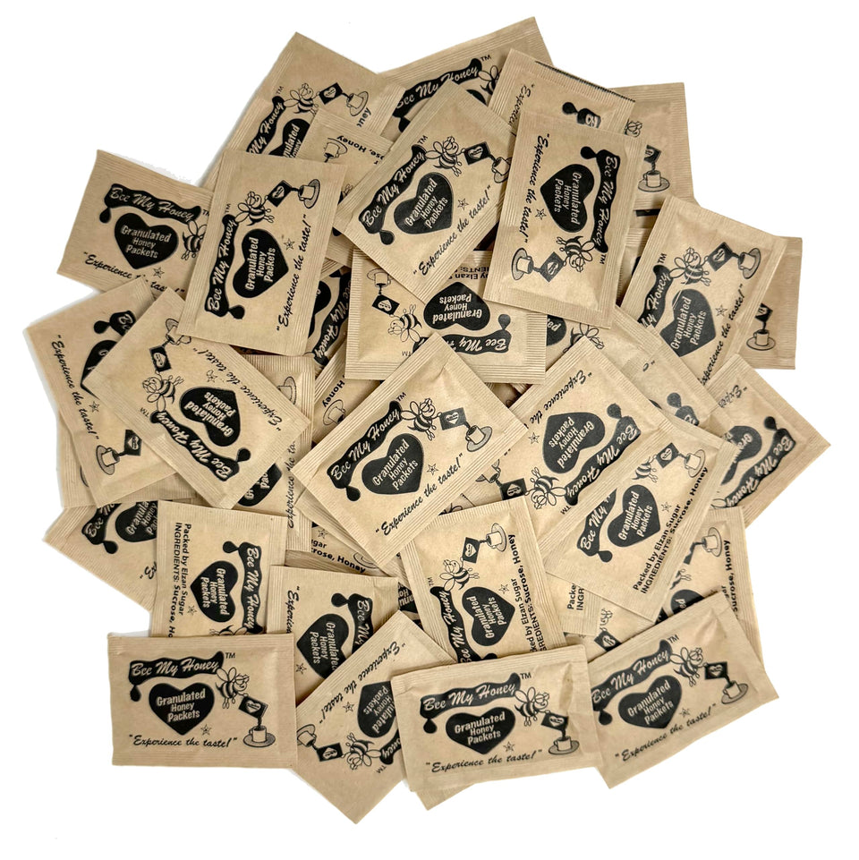 Bee My Honey granulated packets arranged for easy, mess-free sweetness in beverages.