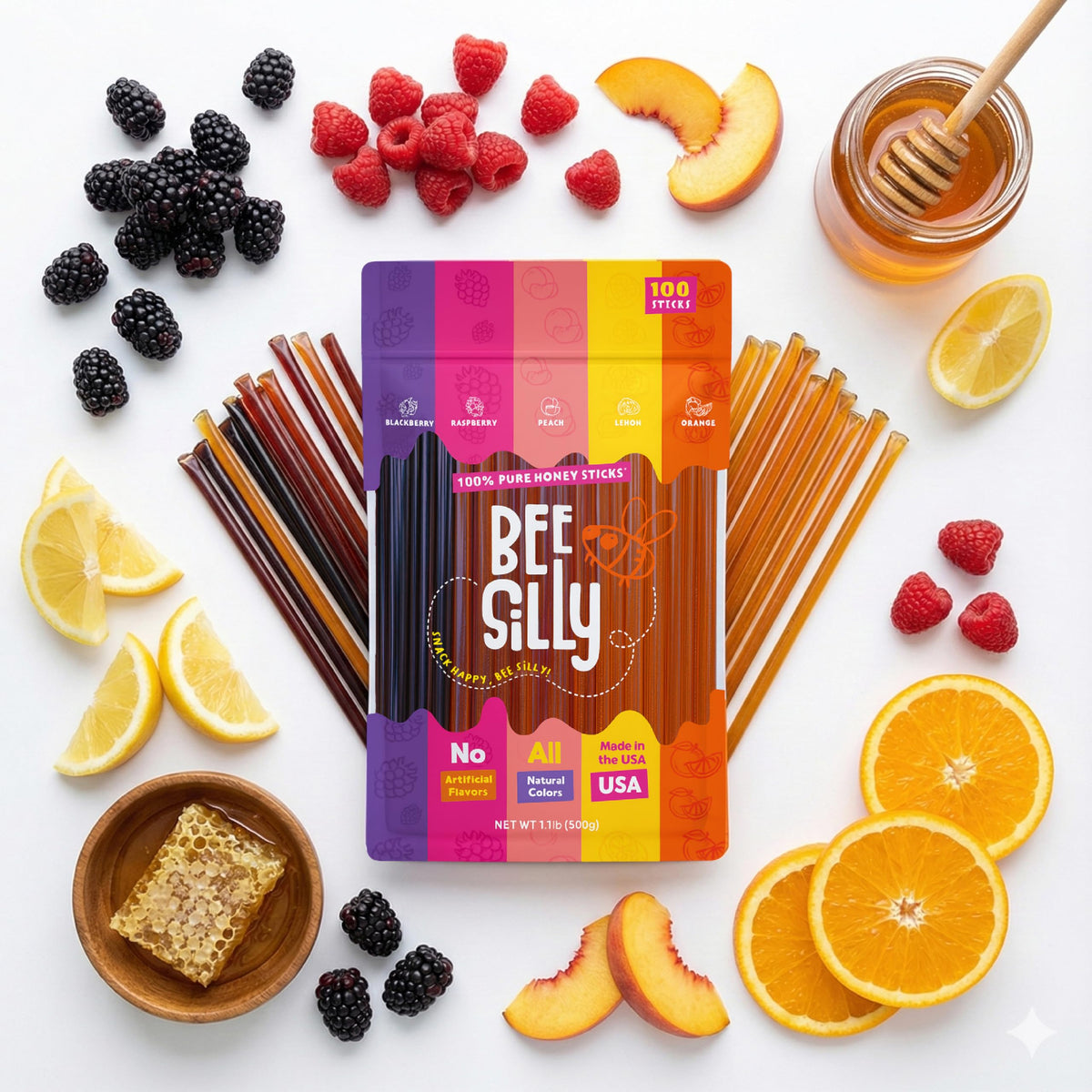 Bee Silly Orange honey sticks offer a bright citrus boost for lunchboxes.