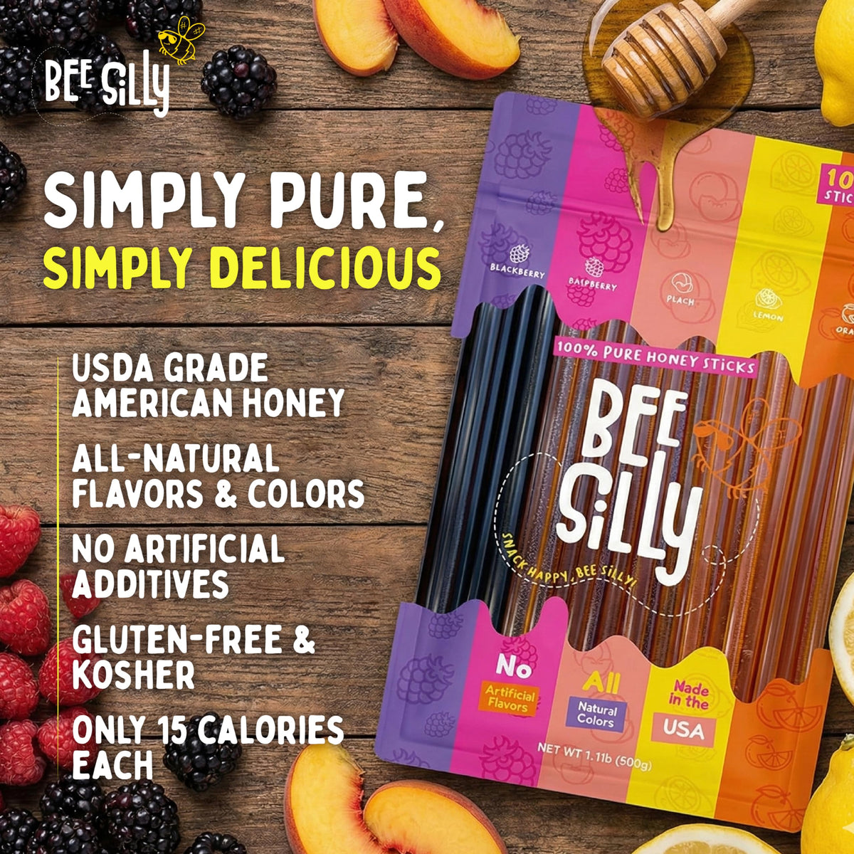 Bee Silly Peach honey sticks bring sunny flavor and quick energy on the go.
