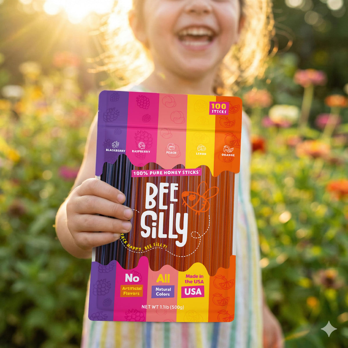 Bee Silly honey sticks in a backpack for on-the-go snacking.