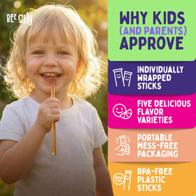 Bee Silly honey sticks packaging shown as mess-free, lunchbox-ready.