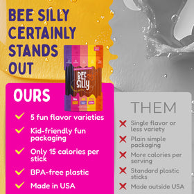 Bee Silly packaged honey sticks in lunchbox, mess-free convenience.