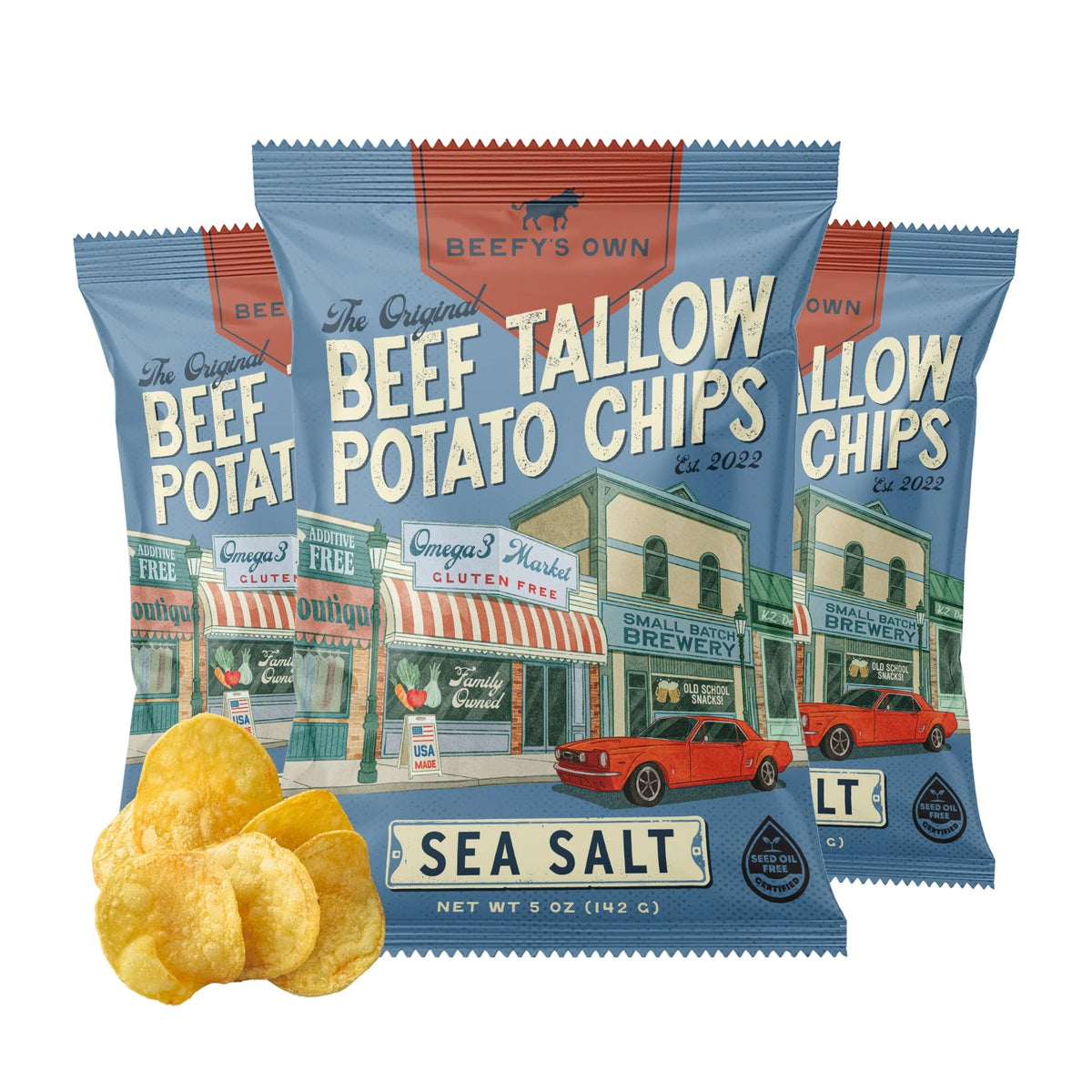 Beefy's Own beef tallow chips pack showing thick-cut, crunchy texture for satisfying snacking