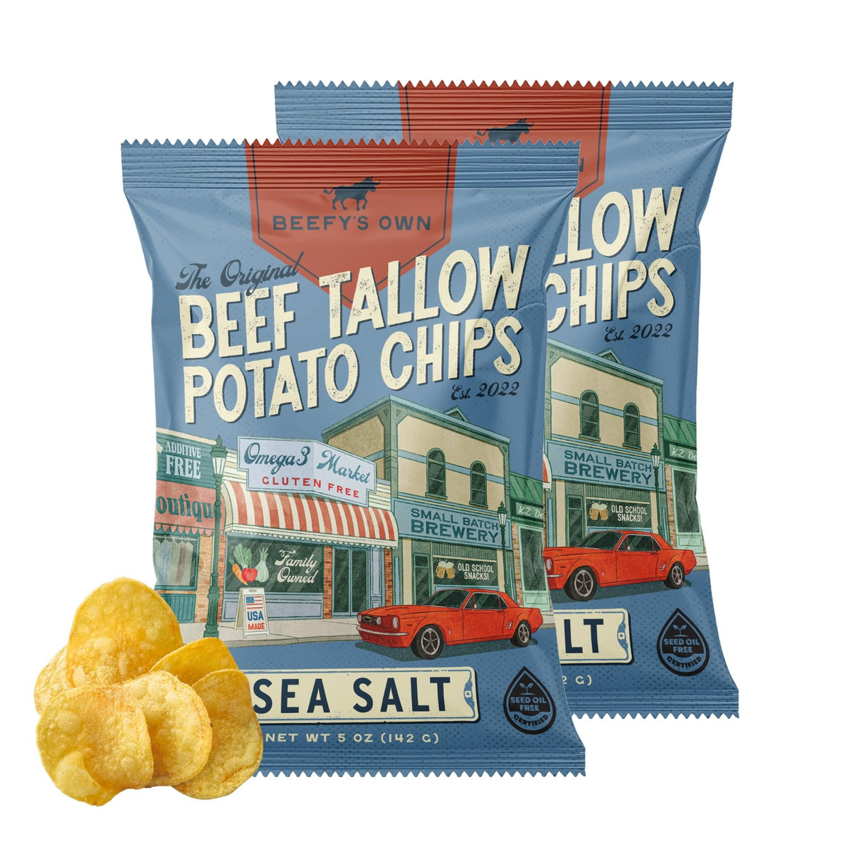 Beefy’s Own beef tallow chips with sea salt on a rustic platter; gluten-free crunch.