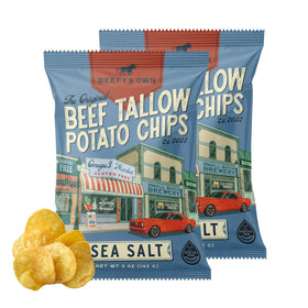 Beefy’s Own beef tallow chips with sea salt on a rustic platter; gluten-free crunch.