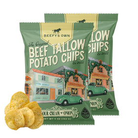 Beefy's Own beef tallow potato chips pack shot shows thick-cut crunch and gluten-free packaging