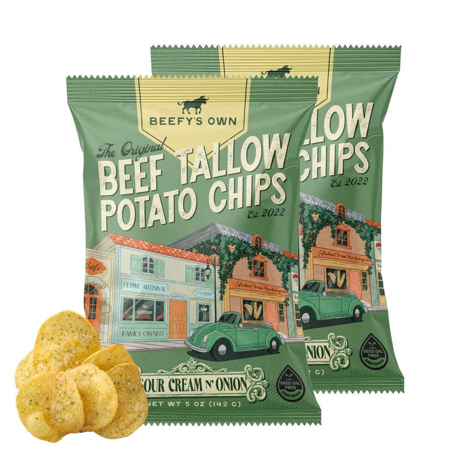 Beefy's Own beef tallow potato chips pack shot shows thick-cut crunch and gluten-free packaging
