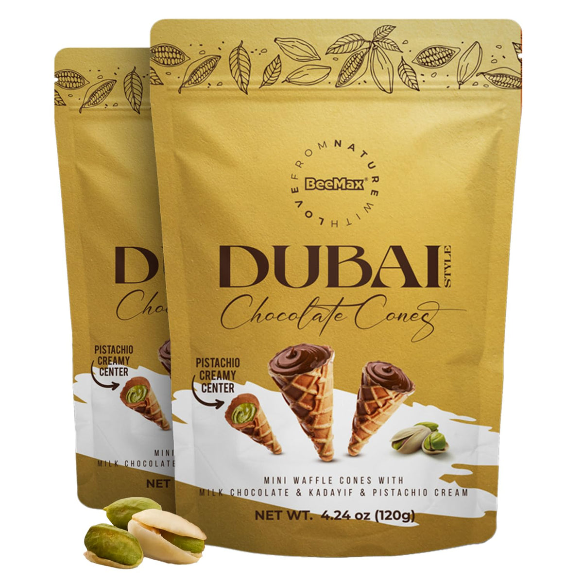BEEMAX Dubai Style Chocolate Cones with pistachio filling, ideal for gifting.