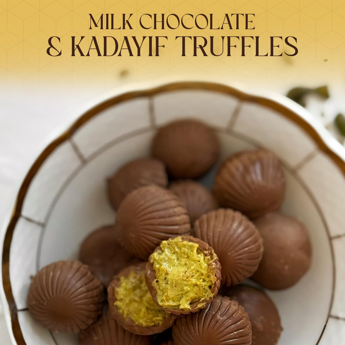 Dubai-style truffles featuring milk chocolate and crunchy kadayifi for a luxurious contrast