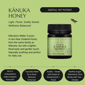 BeeNZ Raw Kānuka Honey label detail emphasizes sustainable sourcing.