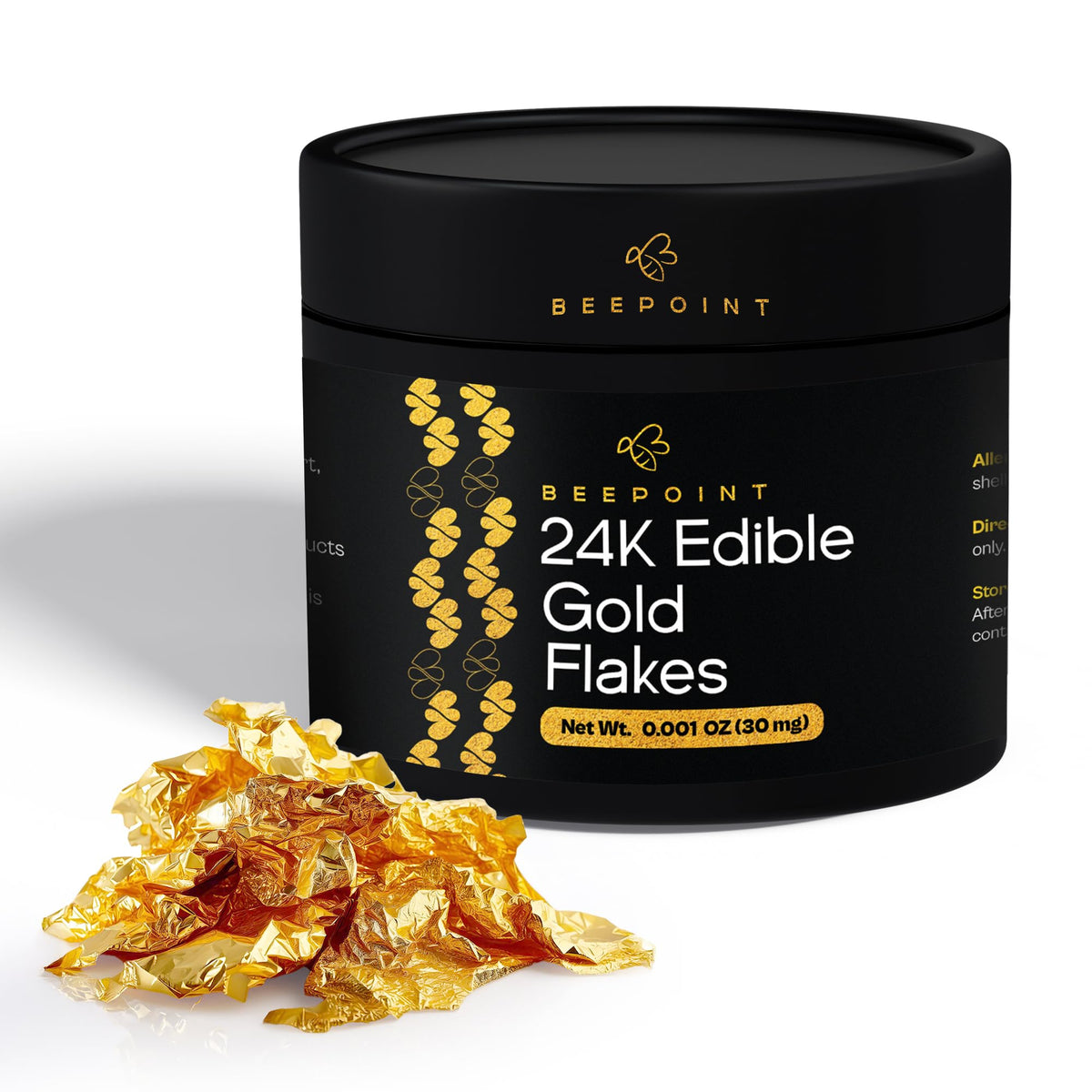 BeePoint 24K edible gold flakes bottle with 30mg shines on desserts
