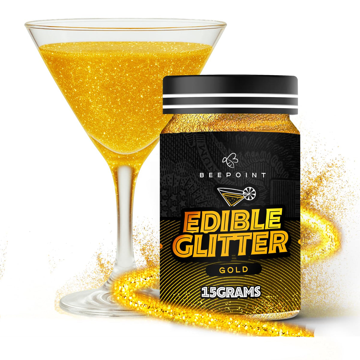 BeePoint Gold edible glitter for drinks adds shimmering sparkle without altering taste.