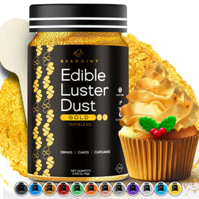 BeePoint Gold edible luster dust bottle showing rich shimmer for desserts