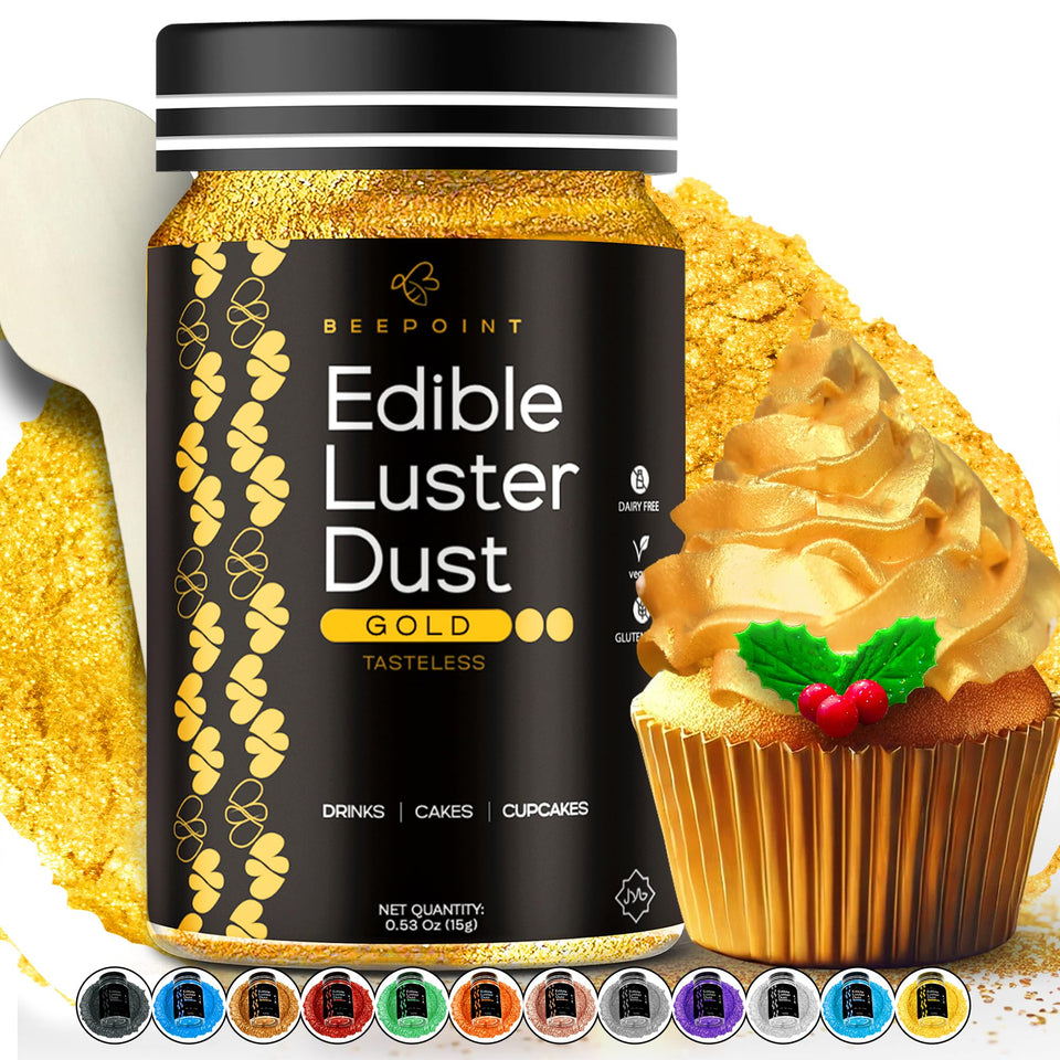 BeePoint Gold edible luster dust bottle showing rich shimmer for desserts