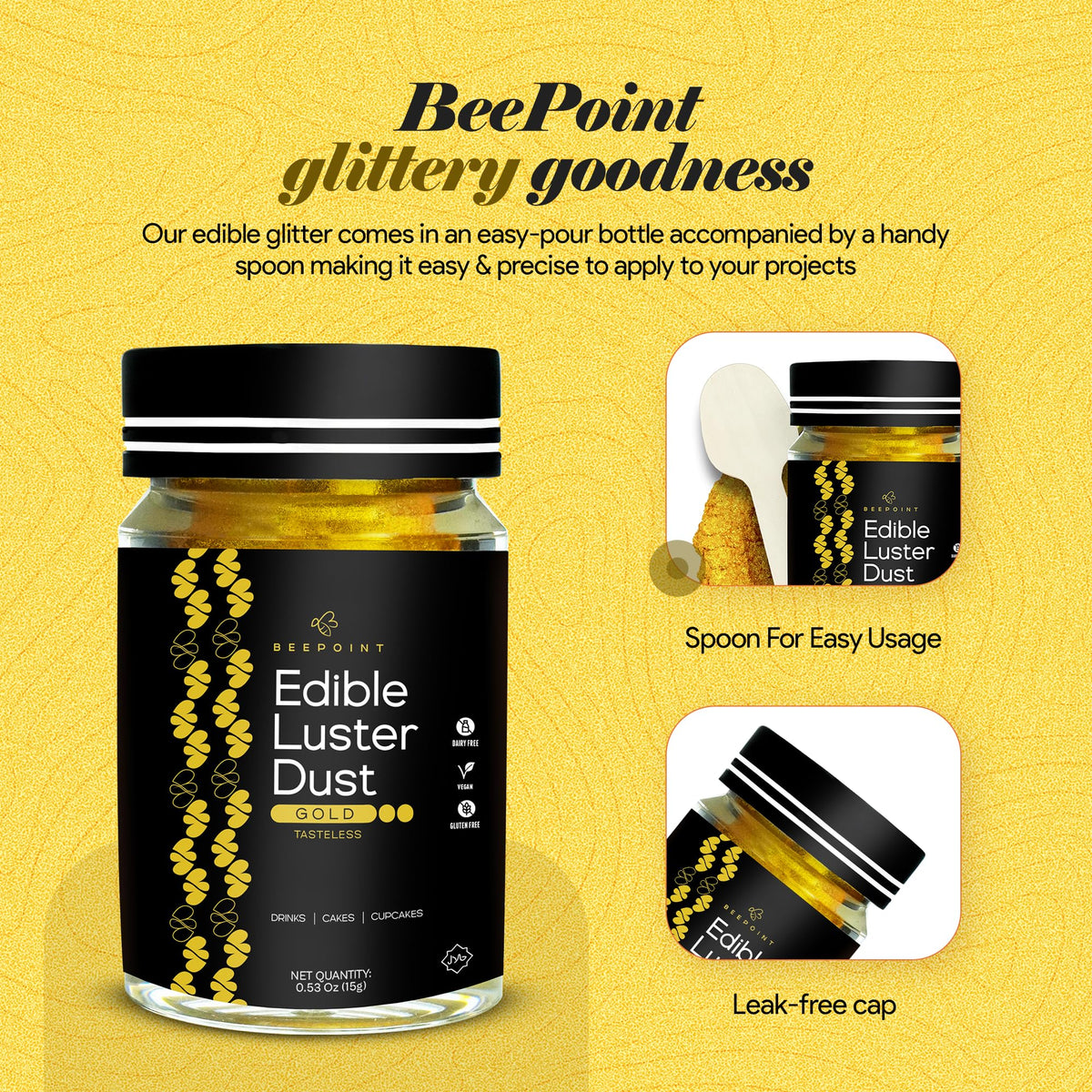 BeePoint gold dust on cake decor adds vibrant metallic accents