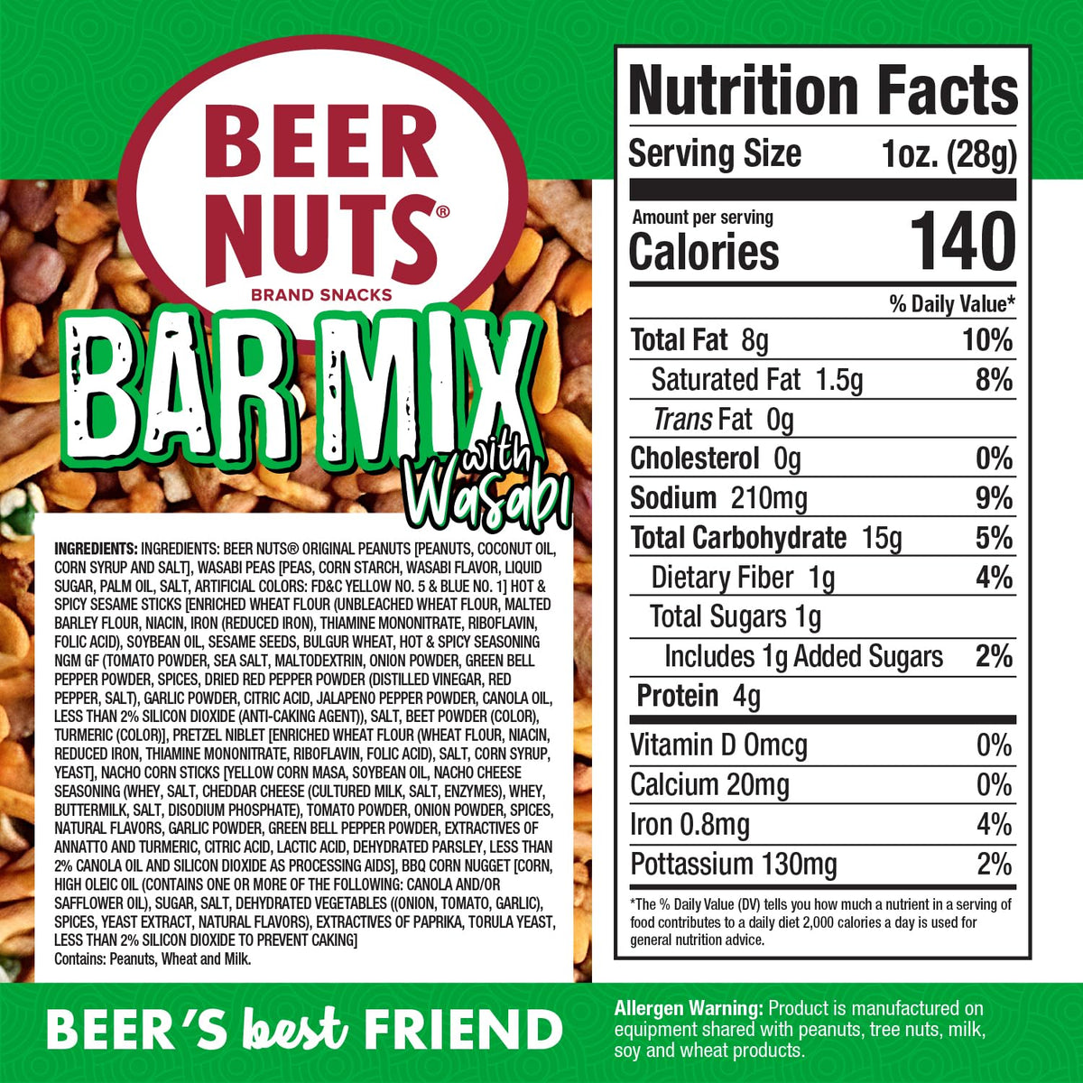 BEER NUTS Bar Mix with Wasabi ingredients close-up showing crunchy pretzels and wasabi peas