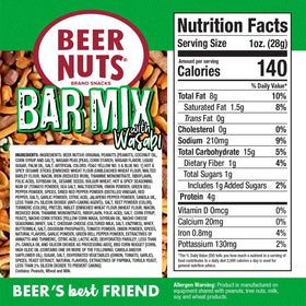 BEER NUTS Bar Mix with Wasabi ingredients close-up showing crunchy pretzels and wasabi peas