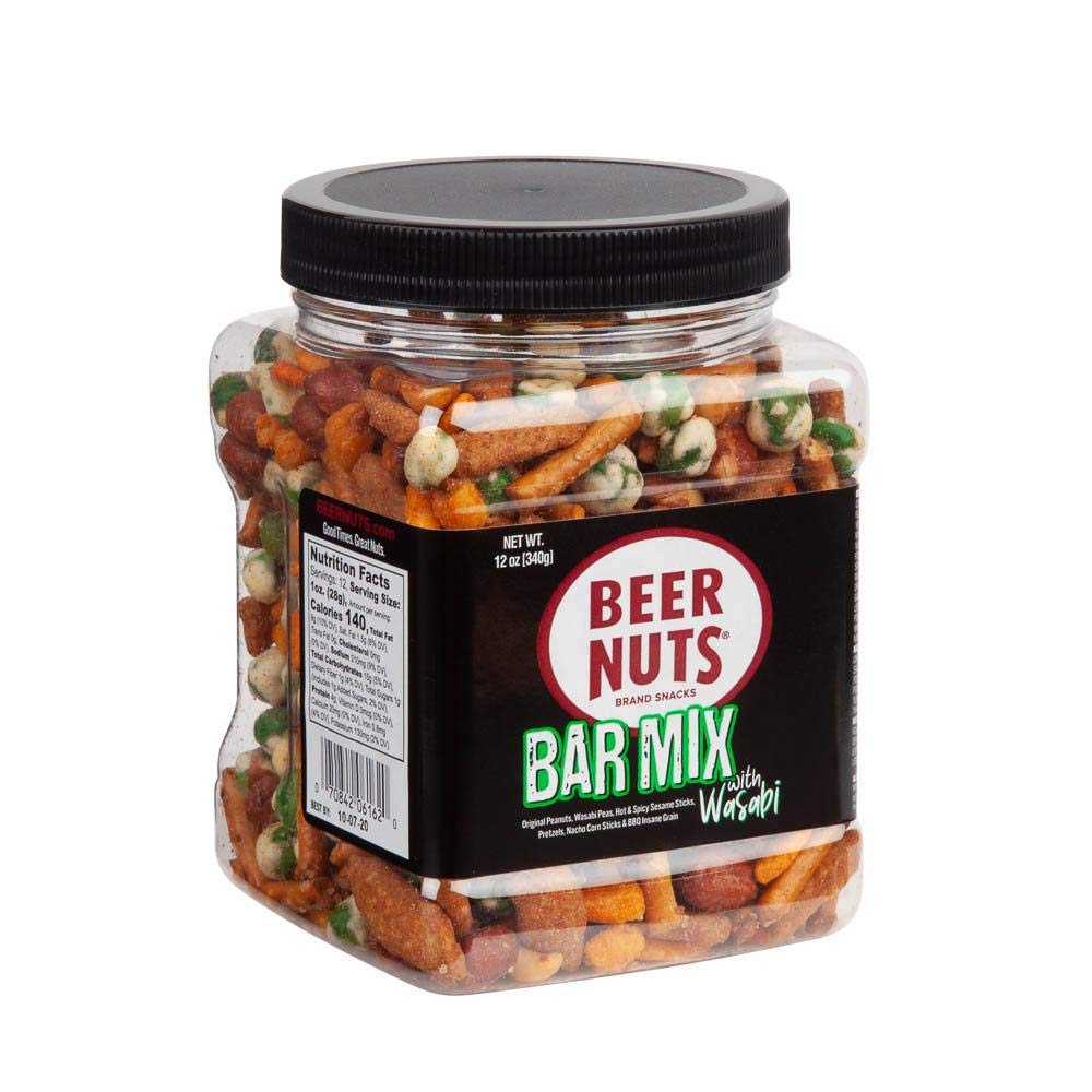 BEER NUTS Bar Mix with Wasabi jar front demonstrates resealable design for freshness.