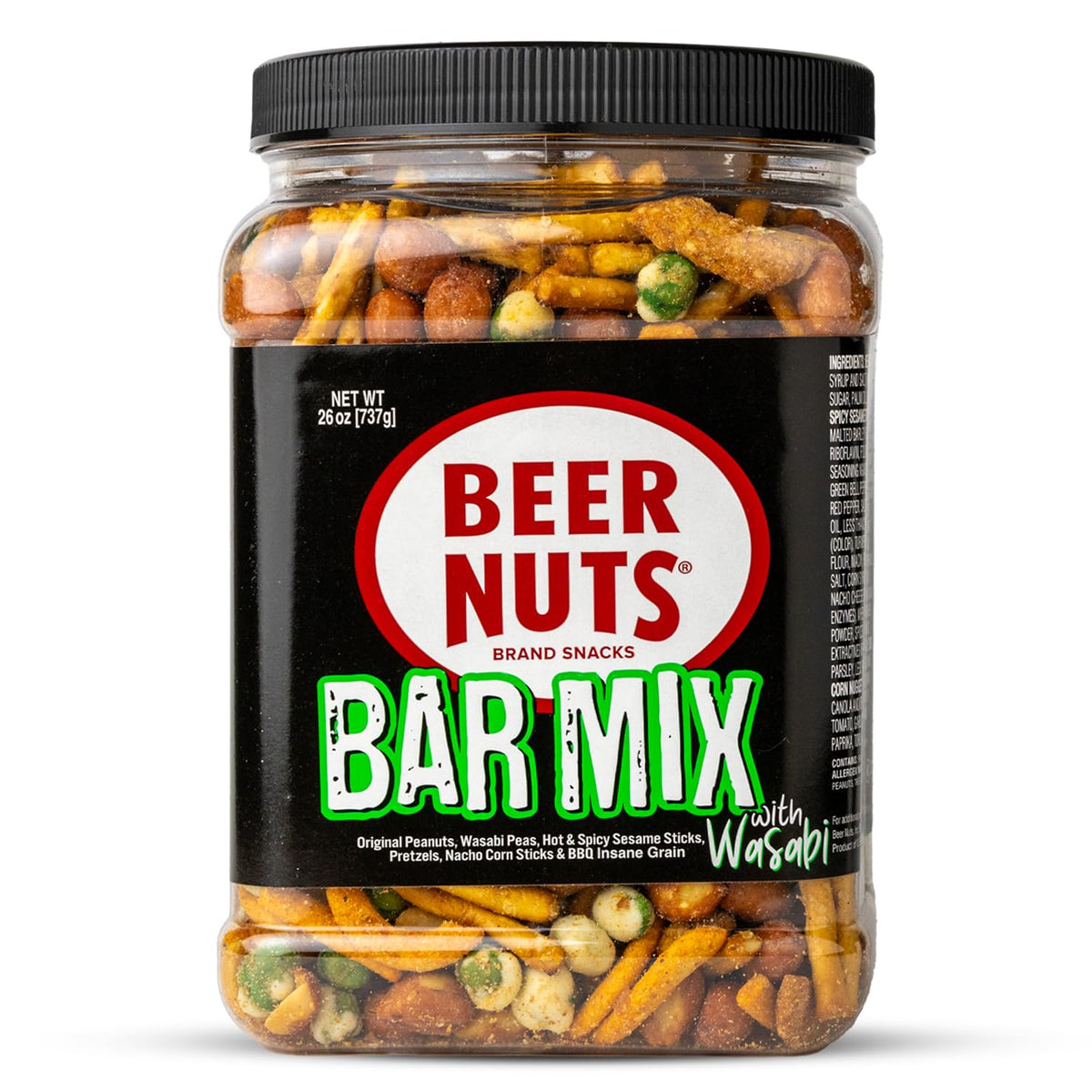 BEER NUTS Bar Mix with Wasabi front jar highlights resealable packaging for fresh party snacking
