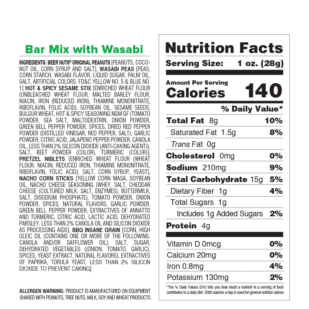 BEER NUTS Bar Mix with Wasabi packaging box displays American-made quality.