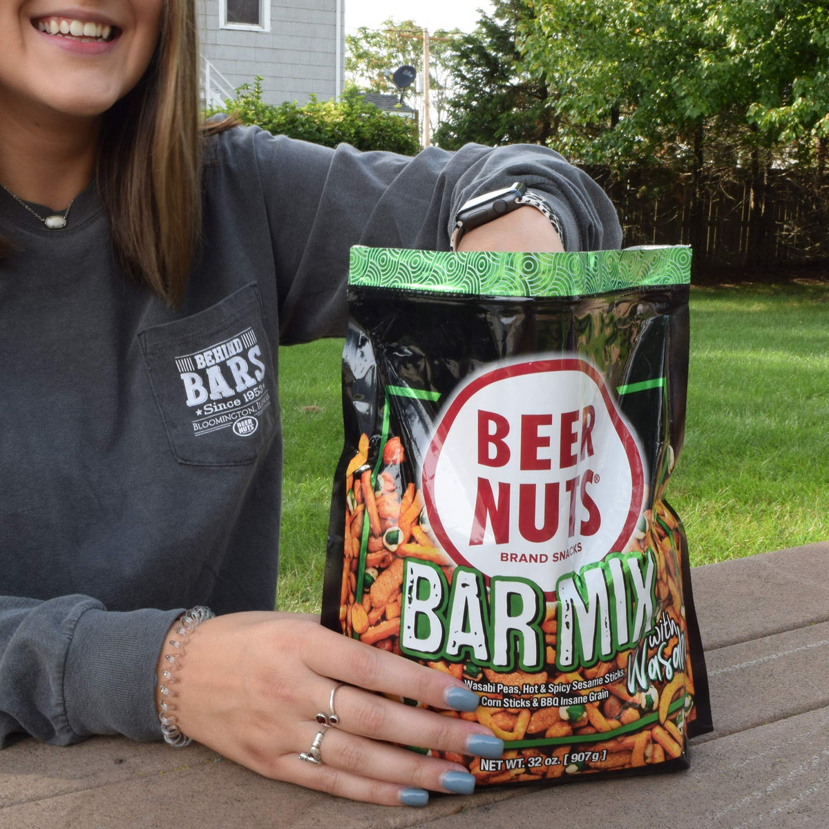 BEER NUTS Bar Mix with Wasabi party scene suggests easy snacking.