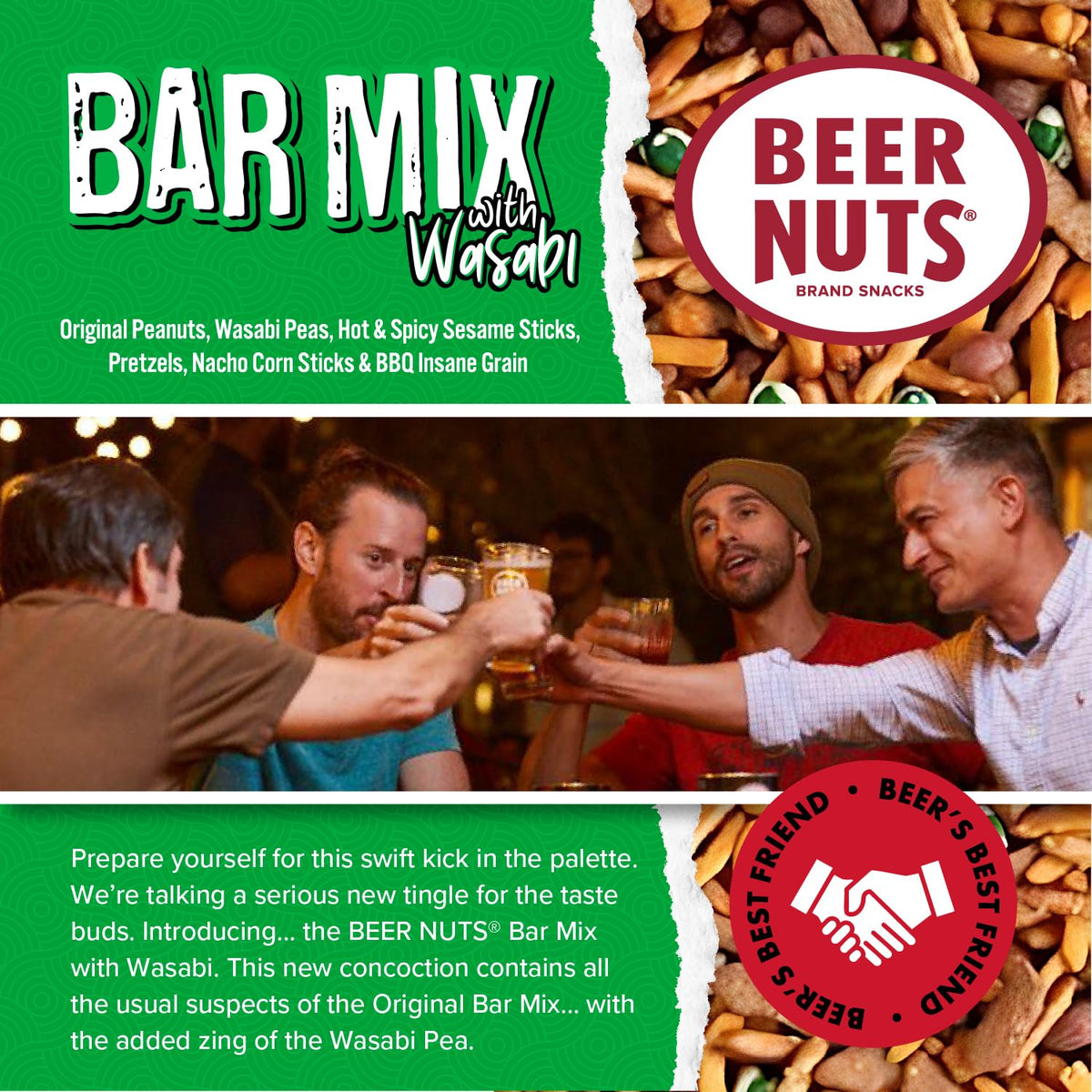 BEER NUTS Bar Mix with Wasabi pretzels and cheese stix ready for crowd-pleasing game night