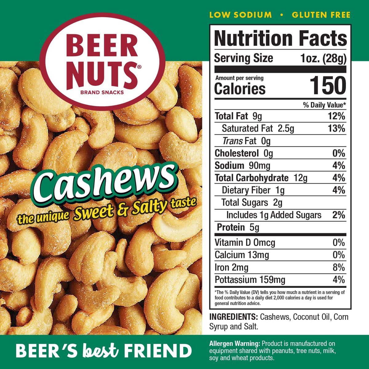 Beer Nuts Cashews golden roast highlighting premium natural ingredients
