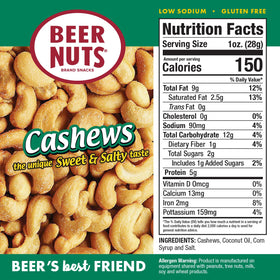 Beer Nuts Cashews golden roast highlighting premium natural ingredients