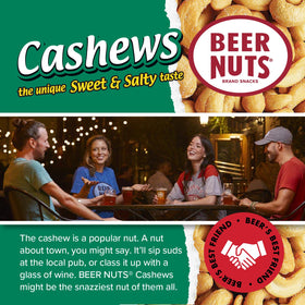 Beer Nuts Cashews sealed bag view to show peak freshness