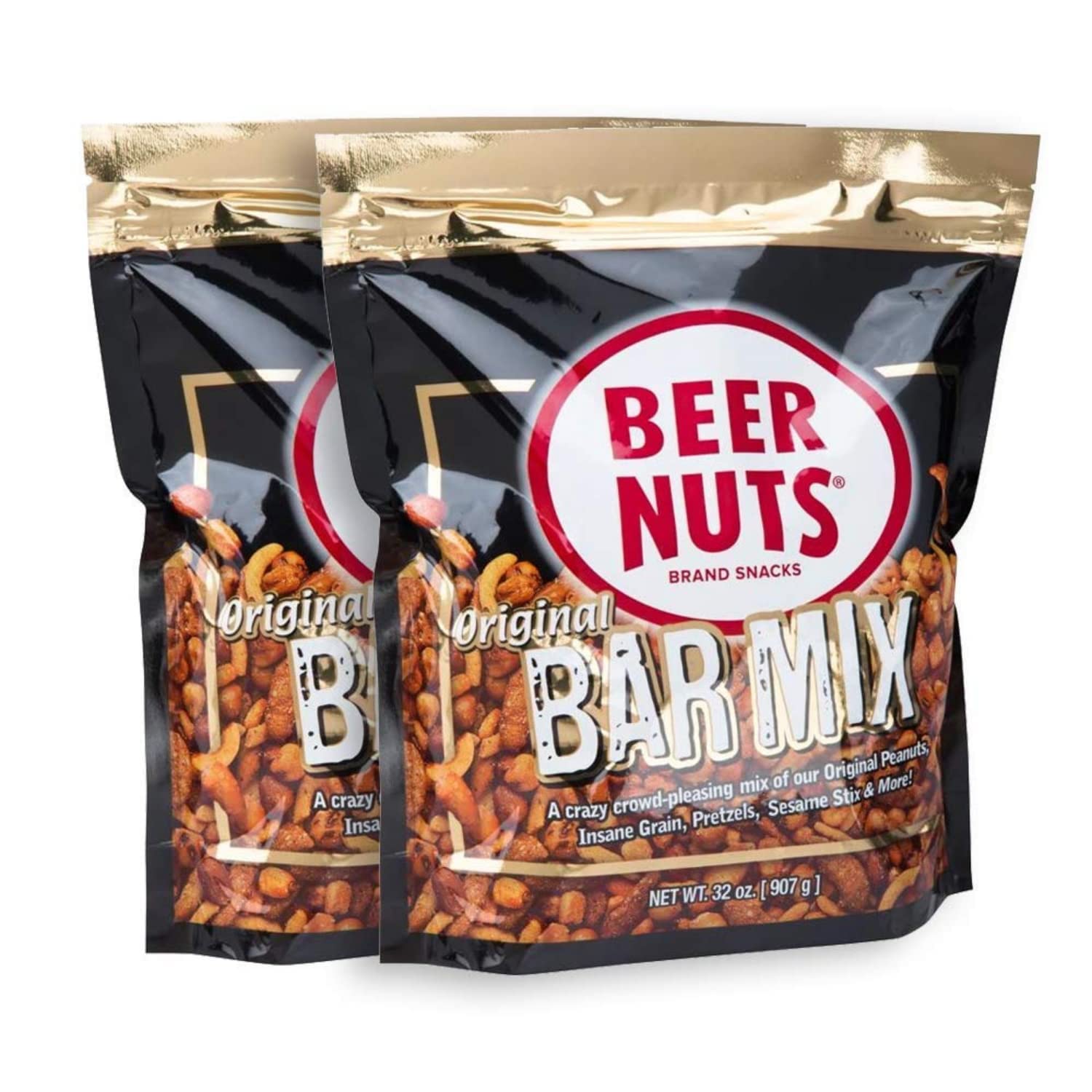 BEER NUTS Original Bar Mix packaging closeup showing resealable bag for party snacking.