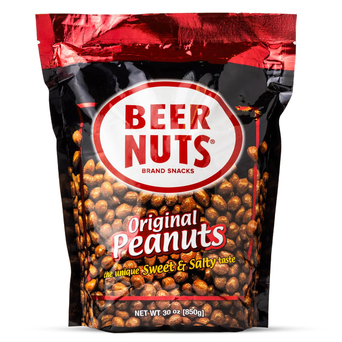 BEER NUTS Original Peanuts bag showcases gluten-free and kosher snack in resealable packaging.
