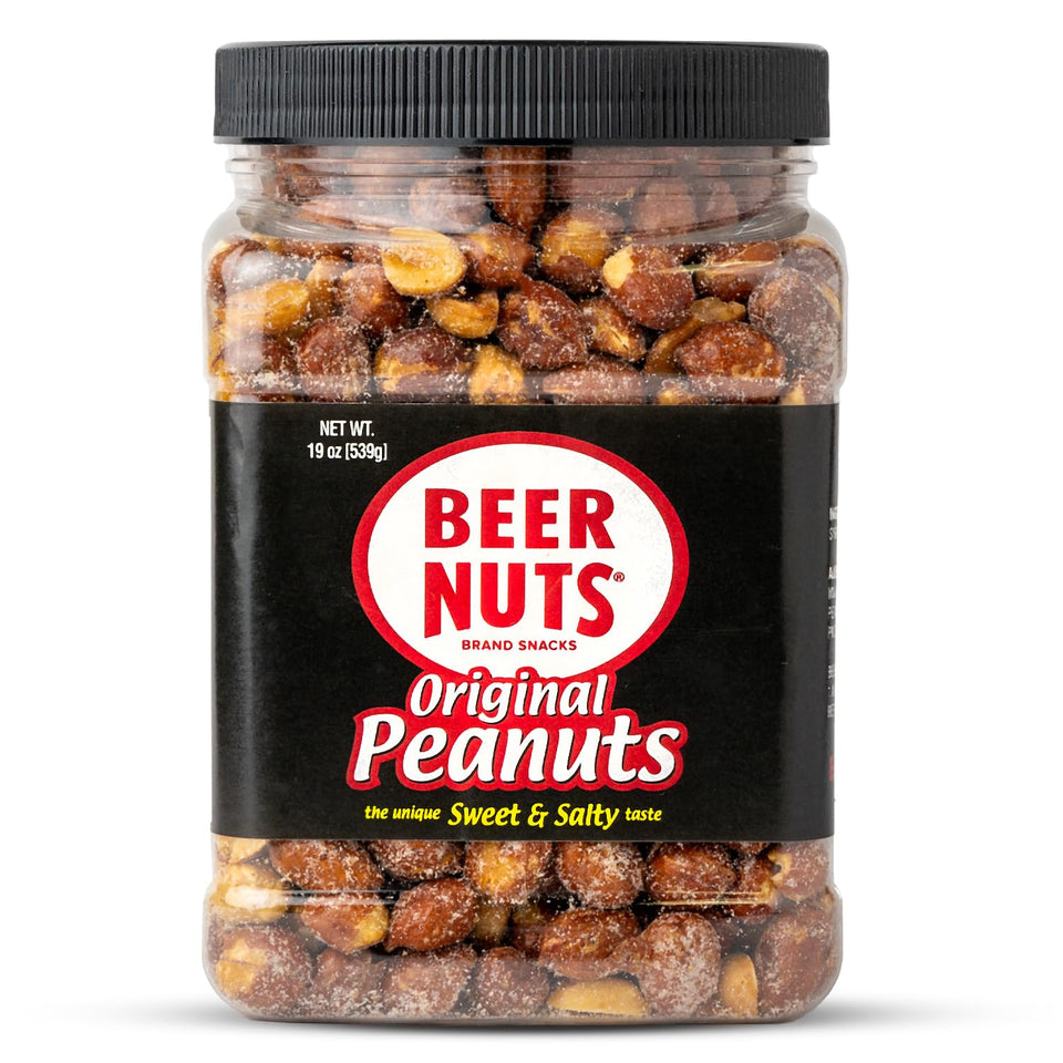 BEER NUTS Original Peanuts in a resealable jar showing sweet and salty flavor appeal