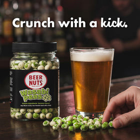 Beer Nuts Wasabi Peas jar on a light surface